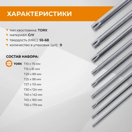Набор ключей TORX T10-T50 9 шт Г-образные, CrV, для авто и велосипеда RAGE 303141; УТ-00000314